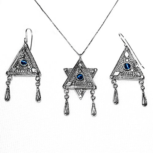Star of David Earring & Necklace Set - Yemenite style with Blue accents