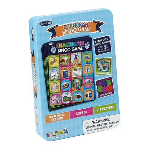 rite lite chanukah bingo game with driedels menorah and other chanukah items on cover