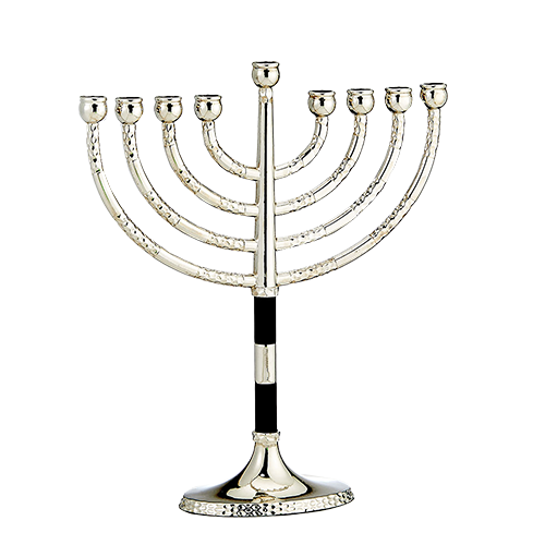 claasic silver menorah with black accents on trunk of menorah 