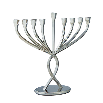 Aluminium menorah with fish like shape as the trunk and curved candle holders 