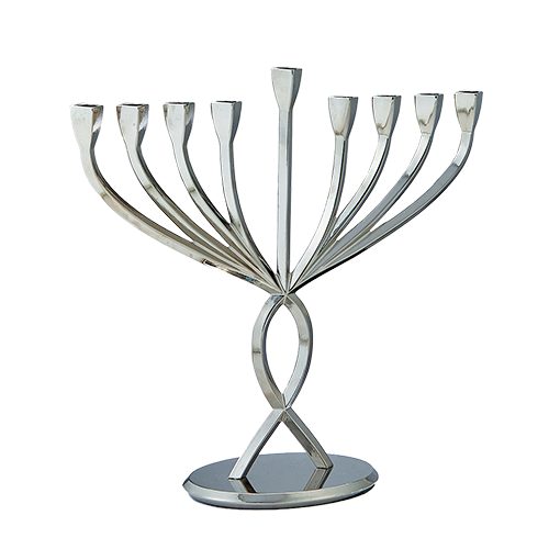 Aluminium menorah with fish like shape as the trunk and curved candle holders 
