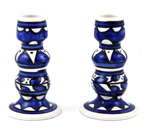 Armenian Ceramic Blue & White Candlesticks (Various Sizes)