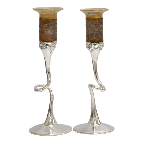 Stained Glass Candlestick Set - Sterling Silver (Amber