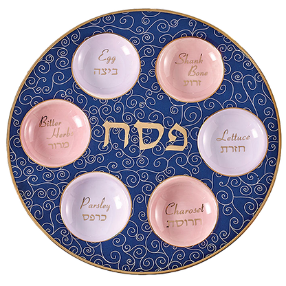 Ceramic Passover Plate - Blue & Gold Accents