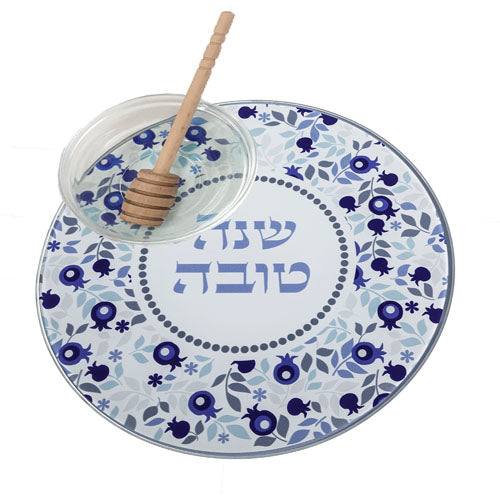 Rosh Hashanah Pomegranate Glass Honey Dish -Blue