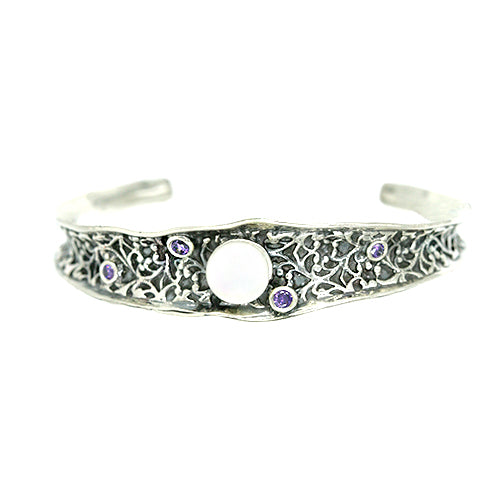Sterling Silver cuff bracelet with pearl and lavender stones