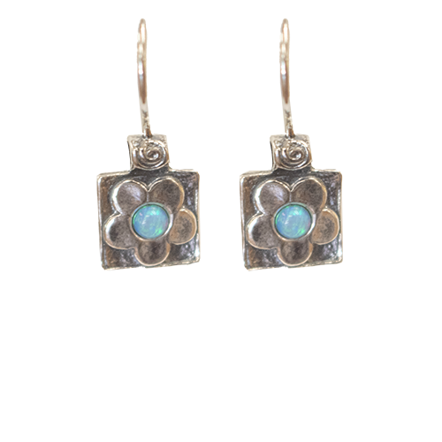 Silver square flower earrings with opal