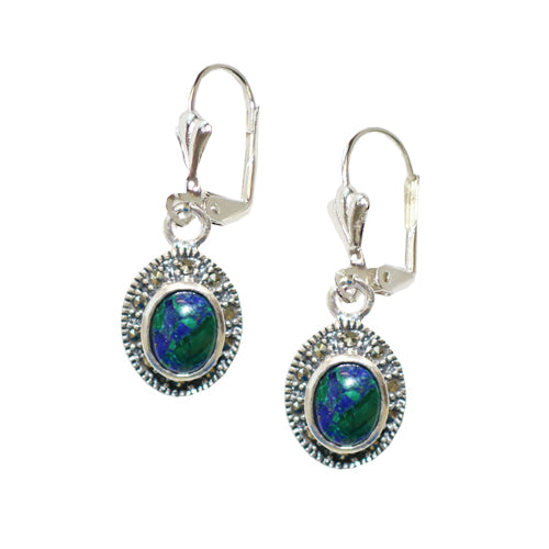 Oval-shaped vintage-style dangle earrings with an eilat stone encased in a sterling silver pendant