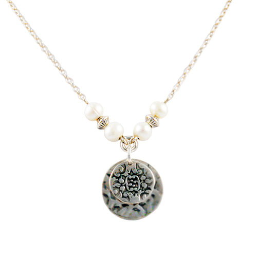 Floral Designed Floating Disk Necklace with Cultured Pearls