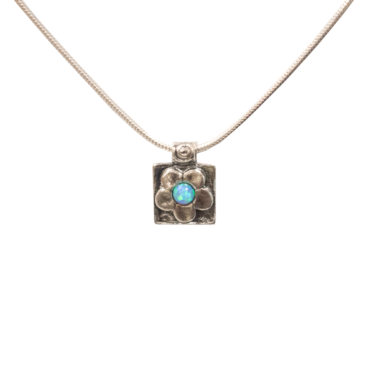 Opal Flower Square Necklace - Rope Chain