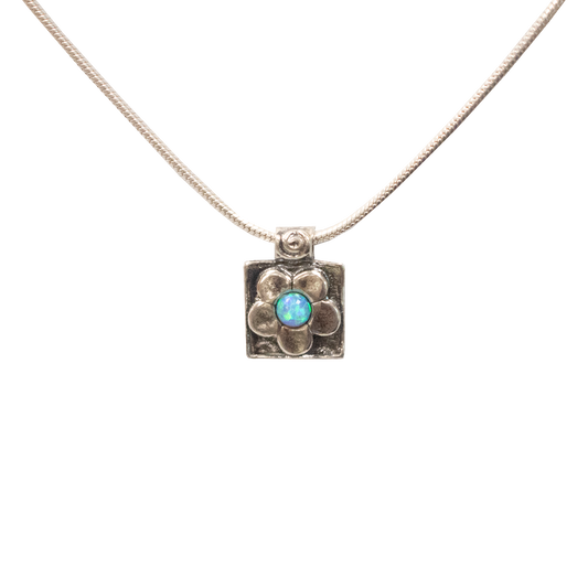 Opal Flower Square Necklace - Snake Chain