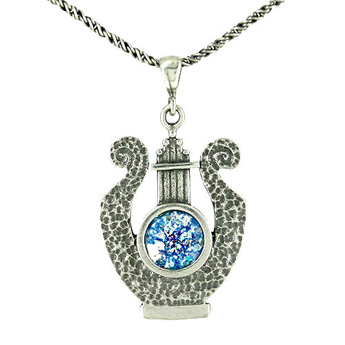 Silver Filigree David's Harp Necklace with Roman Glass