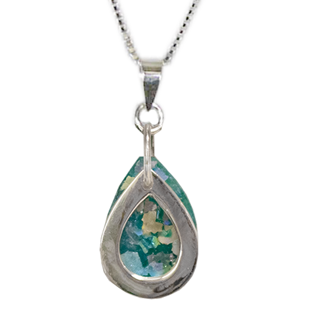 Roman Glass and Silver Teardrop Necklace