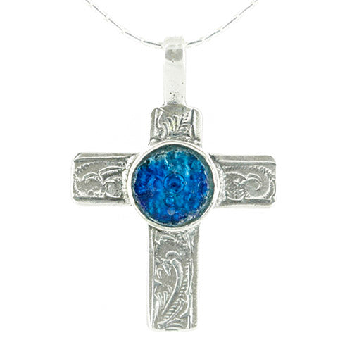 Roman Glass Cross Sterling Silver Necklace