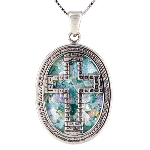 Roman Glass Oval Sterling Silver Cross Necklace