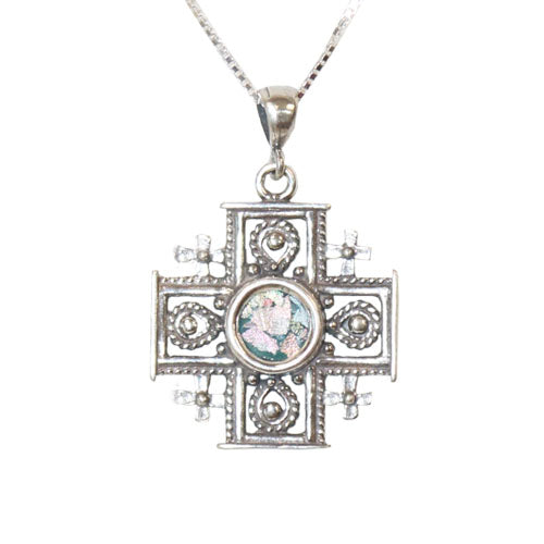 Roman Glass Jerusalem Cross Necklace