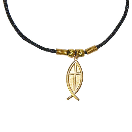 Ichthus with Cross on Silk Cord - Gold Color