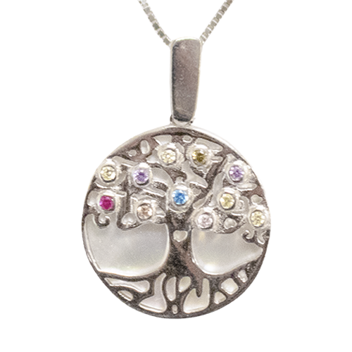Tree of Life on Mother of Pearl/Crystals Necklace