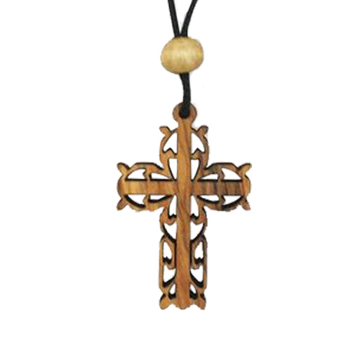Olive Wood Filigree Cross Necklace on Cord