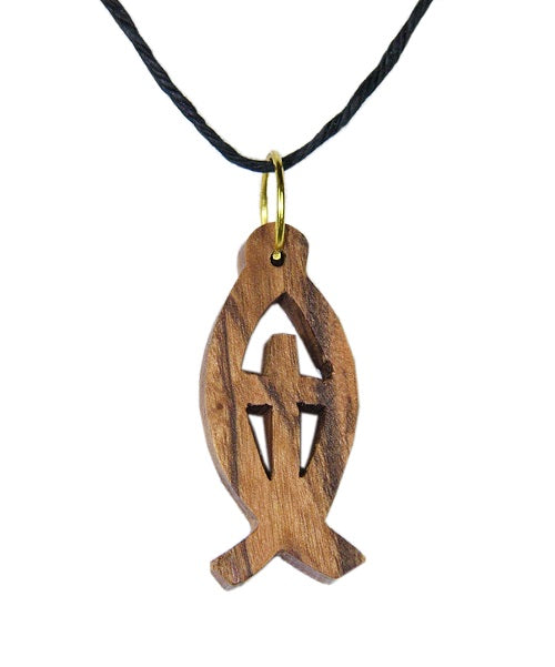 Olive Wood Fish w/Cross Necklace on Cord (Small)