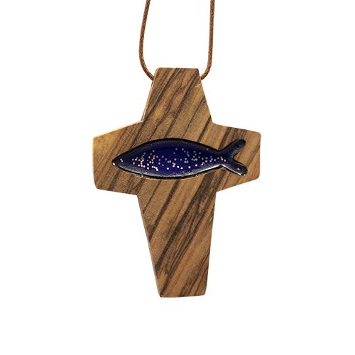Olive Wood Cross with Fish