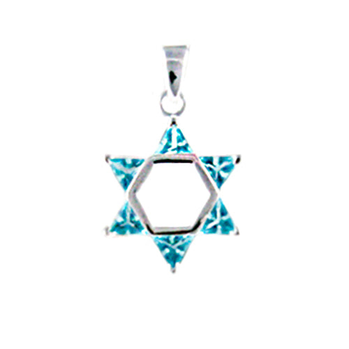 Sterling Silver Star of David Pendant with Light Blue Crystals (NO Chain)