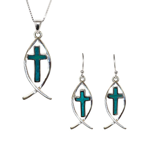 Ichthus with Eilat Stone Cross Set - Green
