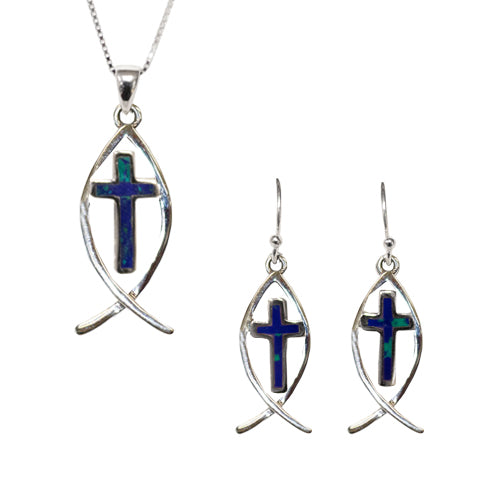 Ichthus with Eilat Stone Cross Set
