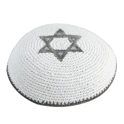 White Knitted Kippah with Gray Star of David (17cm)