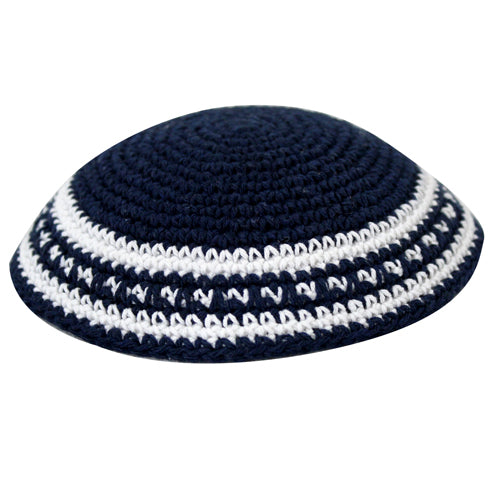 Blue Knitted Kippah with White Stripes (16cm)