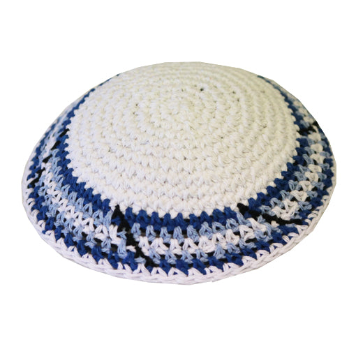 Knit White Kippah with Blue Border (15cm)
