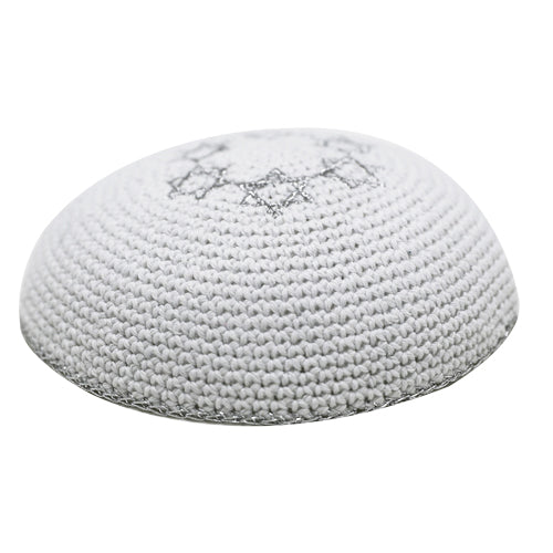 White Knitted Kippah with Silver Star of David (16.5cm)