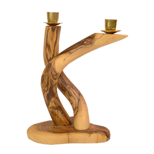 Olive Wood Hand Carved Candelabra (One-Of-A-Kind) - 2 Stems - Style A