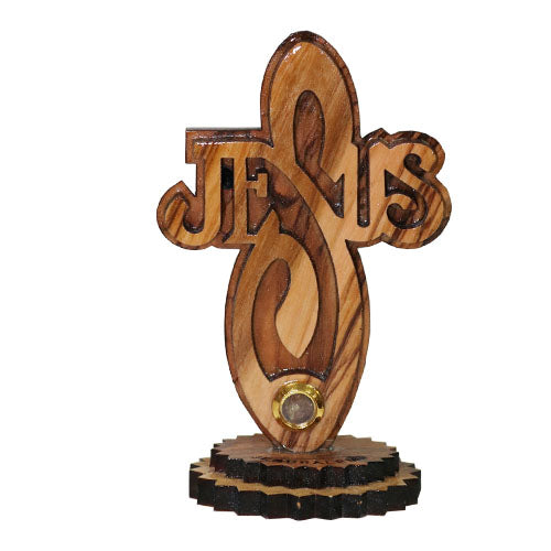 Jesus Name Cross on Stand - Olive Wood