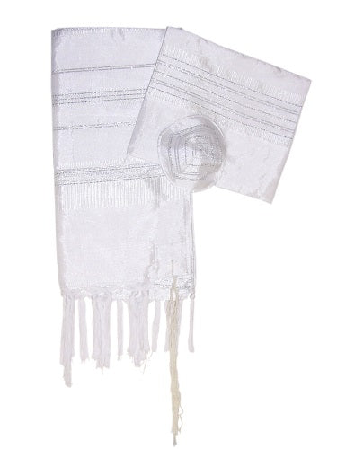 Prayer Shawl (42") Set - Silk - White with Silver - Hand Woven By Gabrieli