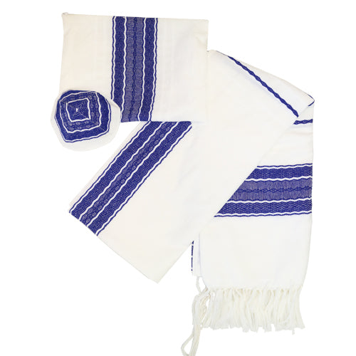 Prayer Shawl (40") Set - Wool - White with Blue - Hand Woven By Gabrieli