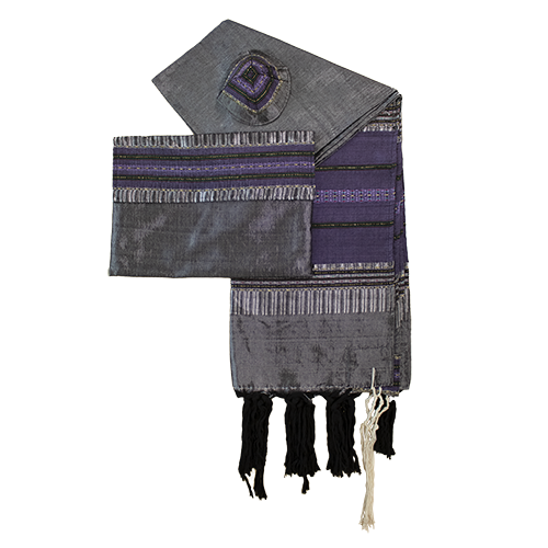Prayer Shawl (52") Set - Silk- Metallic Black & Purple - Hand Woven By Gabrieli
