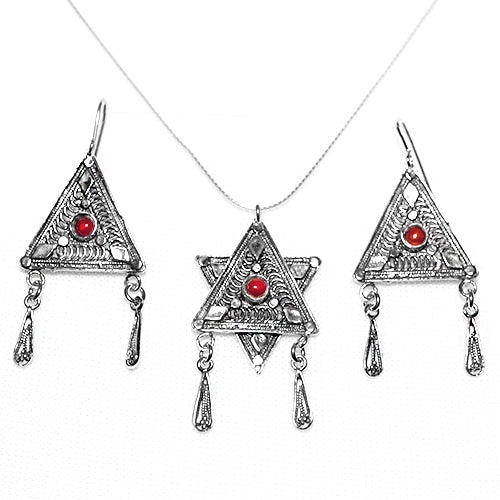 Star of David Earring & Necklace Set - Yemenite style with Red accents