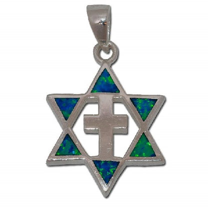 Star of David and Cross Sterling Silver Pendant With Synthetic Opal