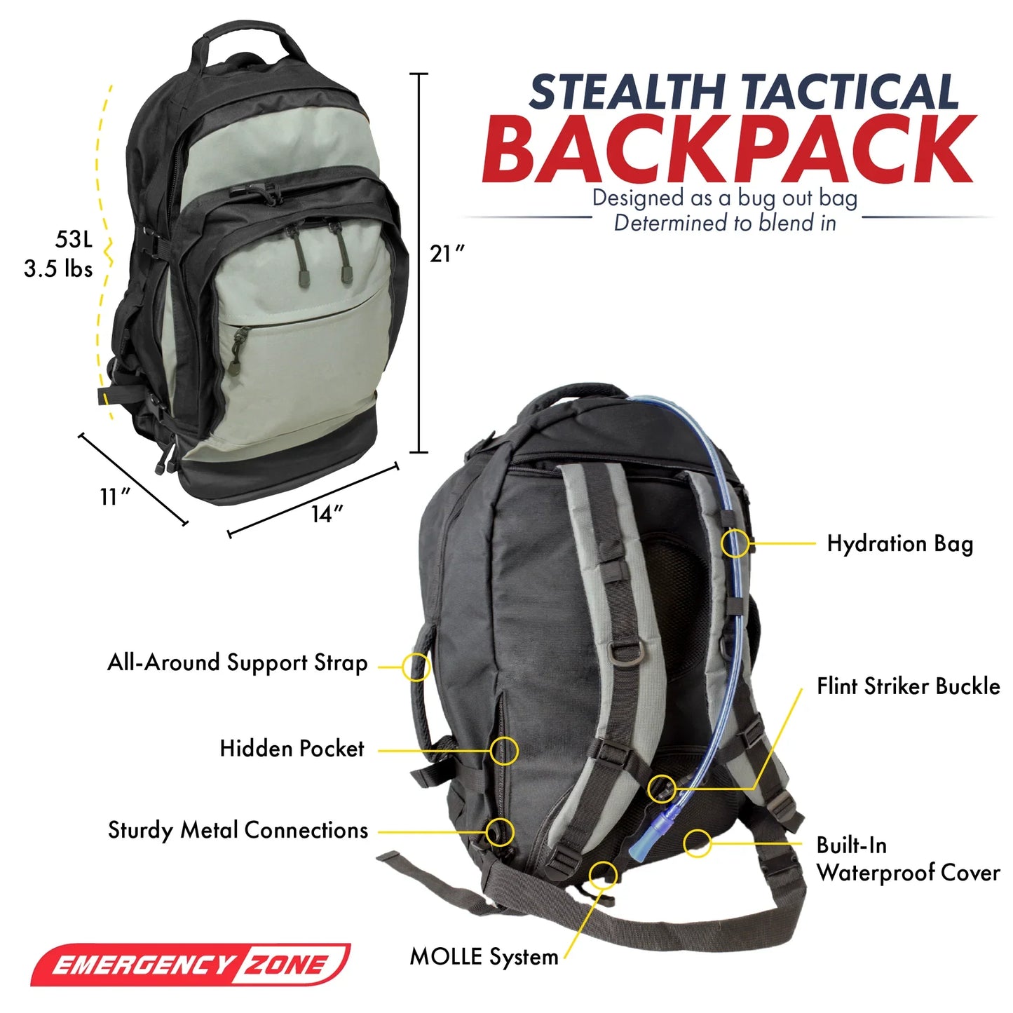 Emergency Zone Stealth Tactical Backpack with Hydration Bladder