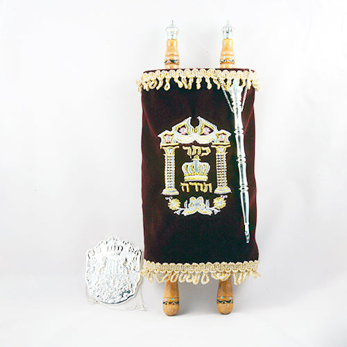 Torah Scroll with a Burgundy Velvet Cover and Accessories (13")